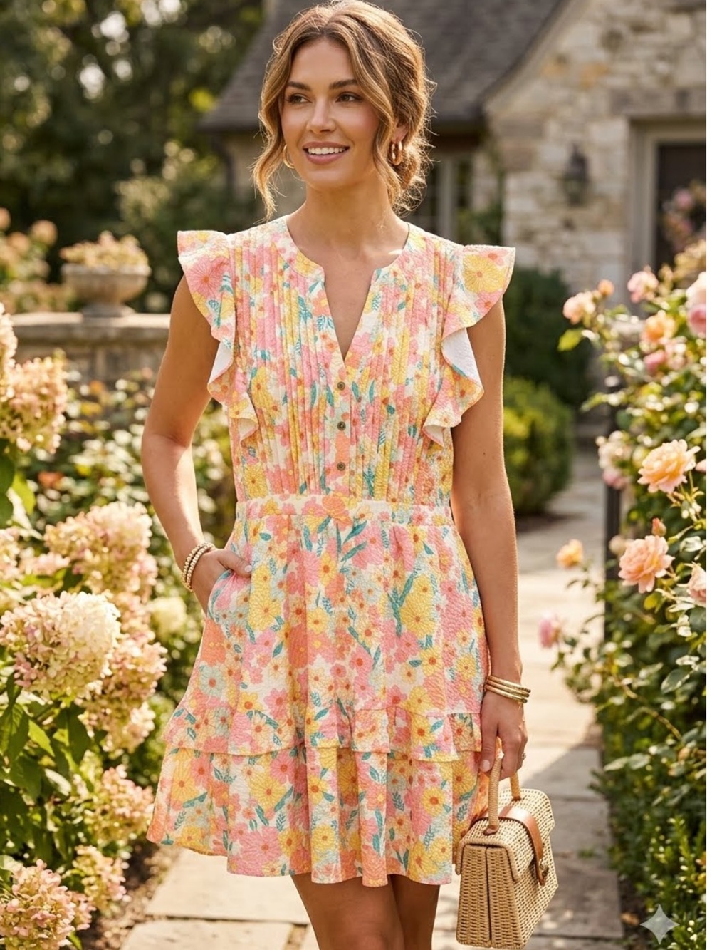 Anthropologie THML NEW Collette Floral Flutter Sleeve Mini Dress Coral Teal L
